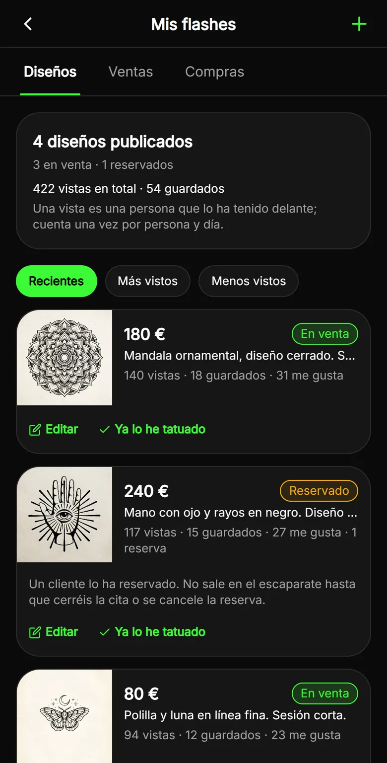 Mis flashes en TatuARTE: diseños a la venta con su precio, vistas, guardados y me gusta, y uno ya reservado